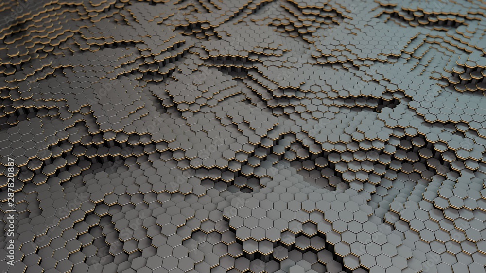 Poster 3d rendering of a surface consisting of many hexagons. background image with blurring depth of field
