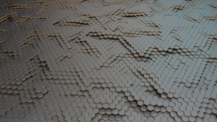 Abstract 3D surface background of many glowing hexagons. 3D rendering, futuristic design, illustration with background blur. Image for desktop background, screensavers for phones and tablets.