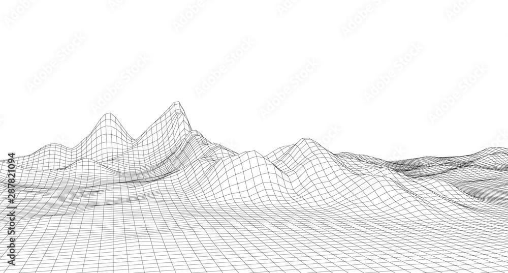Poster abstract digital landscape with particles dots and stars on horizon. wireframe landscape background.