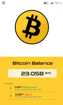 Crypto currency wallet application for smartphone screen showing bitcoin balance