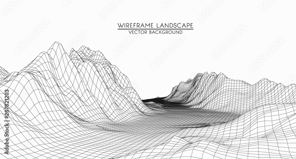 Poster abstract digital landscape with particles dots and stars on horizon. wireframe landscape background.