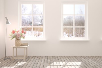 Naklejka na ściany i meble Mock up of empty room in white color with winter landscape in window. Scandinavian interior design. 3D illustration