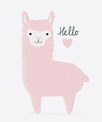 Obraz na płótnie Canvas Hello Love. Sweet Nursery Vector Art with Cute Hand Drawn Pink Llama and Heart. Childish Style Illustration Ideal for Card, Wall Art, Invitation, Poster, Baby Room Decoration.
