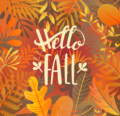 Hello fall greeting banner on jungle background with tropical leaves. Welcome autumn banner. Invitation to new harvest season. Template for poster design, prints, flyers. Vector illustration. © tandav