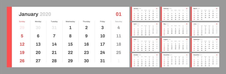 Wall quarterly calendar for 2020 year in clean minimal table simple style. Week Starts on Sunday. Ready for print.