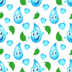 Seamless pattern with cartoon drop of water, hearts and green leaves. Vector illustration