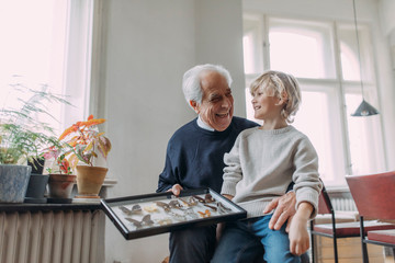 Happy grandfather showing butterfly collection to grandson at home