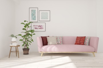 Stylish room in white color with sofa. Scandinavian interior design. 3D illustration
