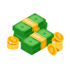 Isometric dollars bundles, isolated. Dollars and coins. Vector isometric money icon on a white background. Money flat icon in isometric style. Money illustration of wealth and condition.