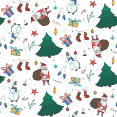 Bright kids Christmas seamless pattern with cute hand drawn doodle elements. Colorful new year winter texture with firs, snowmen, giftbox, santa, stockings for textile, wrapping paper, wallpaper