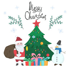 Bright Christmas card with cartoon Santa Claus, snowman and gift boxes behind green fir tree on white background with greeting text. Bright illustration for new year web and banner design, print