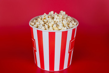 Top above overhead high angle close up view full length size photo of one simple single standing on table bag container with fresh popcorn isolated bright shine color background copyspace
