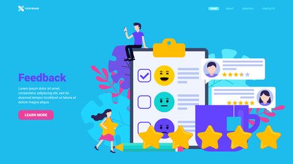 Naklejka premium Customer feedback, testimonials, user review illustration fo landing page, hero image, web site design, banner. Rate the app, product or service concept. Flat vector illustration with tiny characters.