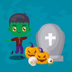 cute boy disguised of frankenstein and icons halloween