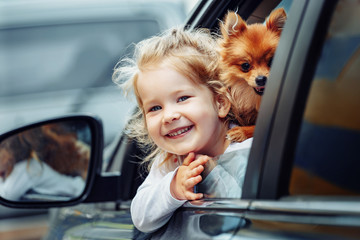 Little girl and little dog in the rent car - 287827805