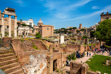 Remains of the Temple of Castor and Pollux or the Dioscuri at the Roman Forum in Rome