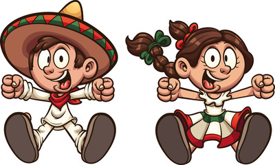 Happy Mexican boy and girl with typical clothes clip art. Vector illustration with simple gradients. Each on a separate layer. 