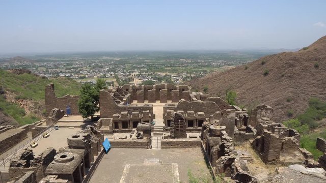 Mardan Takht-i-Bahi Throne of the Water Spring Panoramic View of the Buddhist Monastery on a Sunny Blue Sky Day
