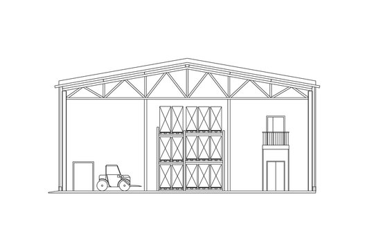 Modern warehouse with forklift. Cross-section storage. Vector blueprint. Architectural background.