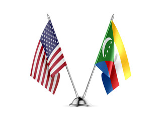 Desk flags, United States America and Comoros, isolated on white background. 3d image