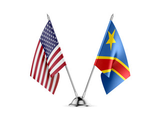 Desk flags, United States America and Congo-Kinshasa, isolated on white background. 3d image