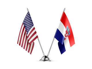 Desk flags, United States America and Croatia, isolated on white background. 3d image