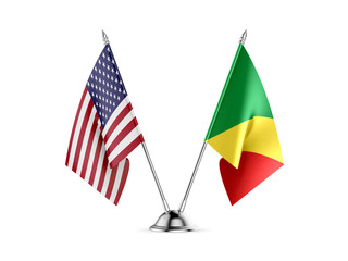 Desk flags, United States America and Congo-Brazzaville, isolated on white background. 3d image.