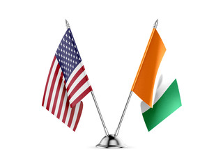 Desk flags, United States America and Ivory Coast, isolated on white background. 3d image