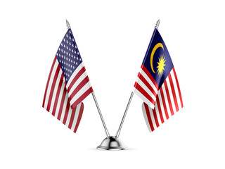Desk flags, United States America and Malaysia, isolated on white background. 3d image