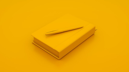 Yellow Notebook and pen. Minimal idea concept. 3d illustration