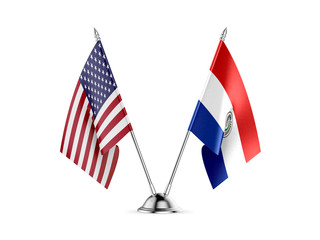 Desk flags, United States America and Paraguay, isolated on white background. 3d image