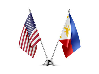 Desk flags, United States America and Philippines, isolated on white background. 3d image