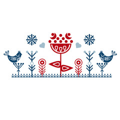 Folk art vector ornament with birds, hearts, and flowers. Scandinavian design.