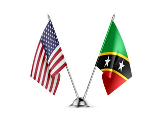 Desk flags, United States America and Saint Kitts and Nevis, isolated on white background. 3d image