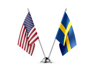 Desk flags, United States America and Sweden, isolated on white background. 3d image.