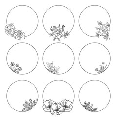 Hand Drawn Collection of Round Floral Frame. Herbs and Flowers Frame with place for text