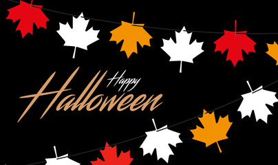 Happy Halloween greeting card. Vector illustration with garlands of maple leaves on a black background