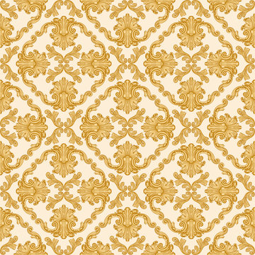 Vector seamless pattern from golden Baroque scrolls, acanthus leaf and floral elements on a beige background. Scarf, bandana , neckerchief silk print design, wallpaper, Talavera ceramic tile paint
