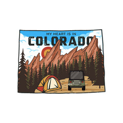 Vintage Colorado camp badge with tourist attractions. Retro style US state patch concept, print for t-shirt and other uses. Included quote saying - My heart is in Colorado . Stock vector isolated