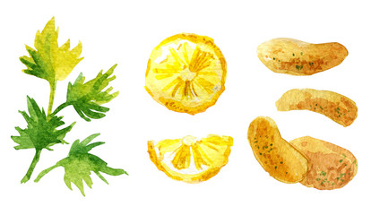 Green parsley, yellow lemon slices, crispy chips isolated on white background. Watercolor set of hand drawn illustrations. Snack and spicies collection