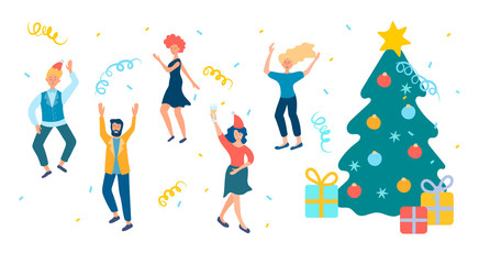 New year celebration, cheerful company dancing near the Christmas tree