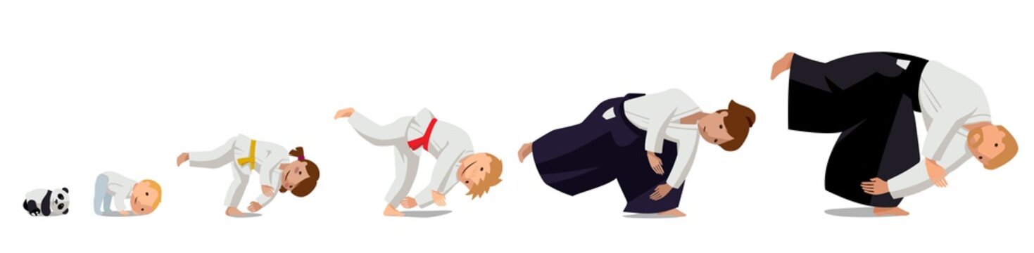 Family practicing Aikido. Colorful vector flat illustration. Suitable for oriental martial arts such as aikido, judo, karate, jiu-jitsu, budo
