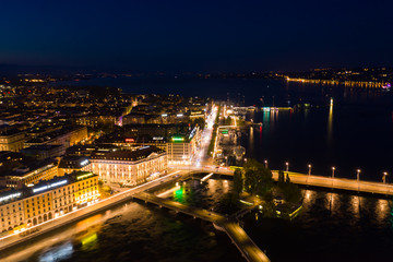 Fototapeta na wymiar Aerial night view of Geneva city water fountain in Switzerland