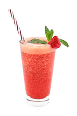 Glass of fresh strawberry cocktail and strawberries isolated on white