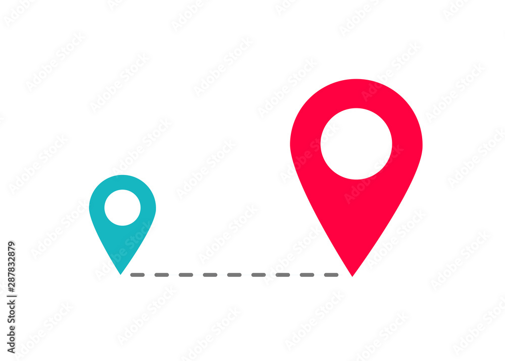 Poster two map pin pointers with tack path way dashed line vector symbol, flat cartoon route or relocation 