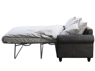 Modern black leather sofa-bed with bed linen and plaid. 3d render