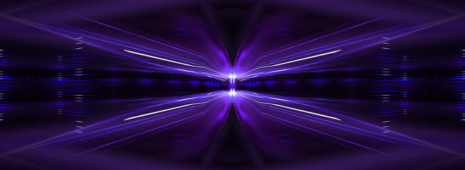 Dark background with lines and spotlights, neon light, night view. Abstract blue background.