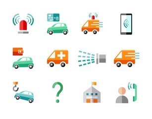 Emergency services, icons, colored, flat, vector. Emergency medical and fire assistance, reference services. 