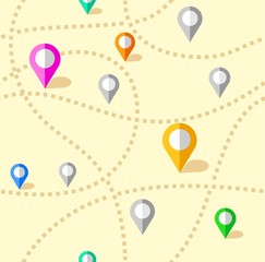 Map, routes, beacons, seamless pattern, color, yellow, vector. Colored beacons on the yellow field. Yellow dotted route.  