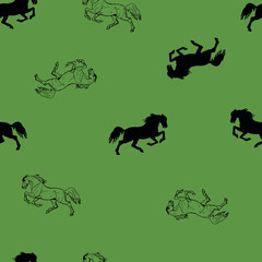 seamless monochrome halophilic horse background, ink drawing, silhouettes and contours, and white color background